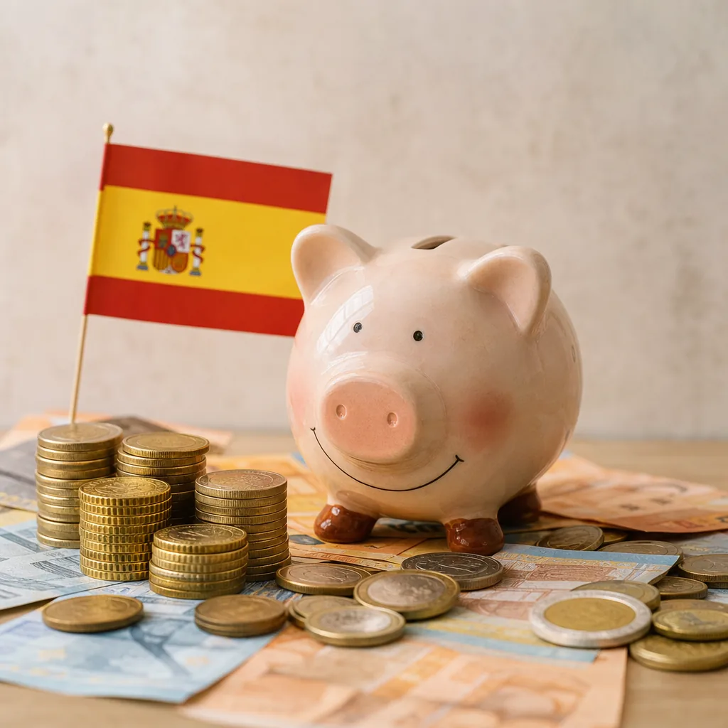 Hucha de cerámica rodeada de monedas y billetes de euro con una pequeña bandera de España, símbolo de empezar a ahorrar con poco