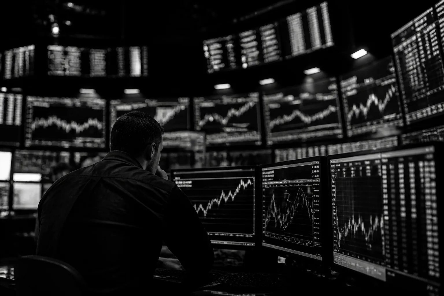 Pantallas de trading en blanco y negro con tickers financieros